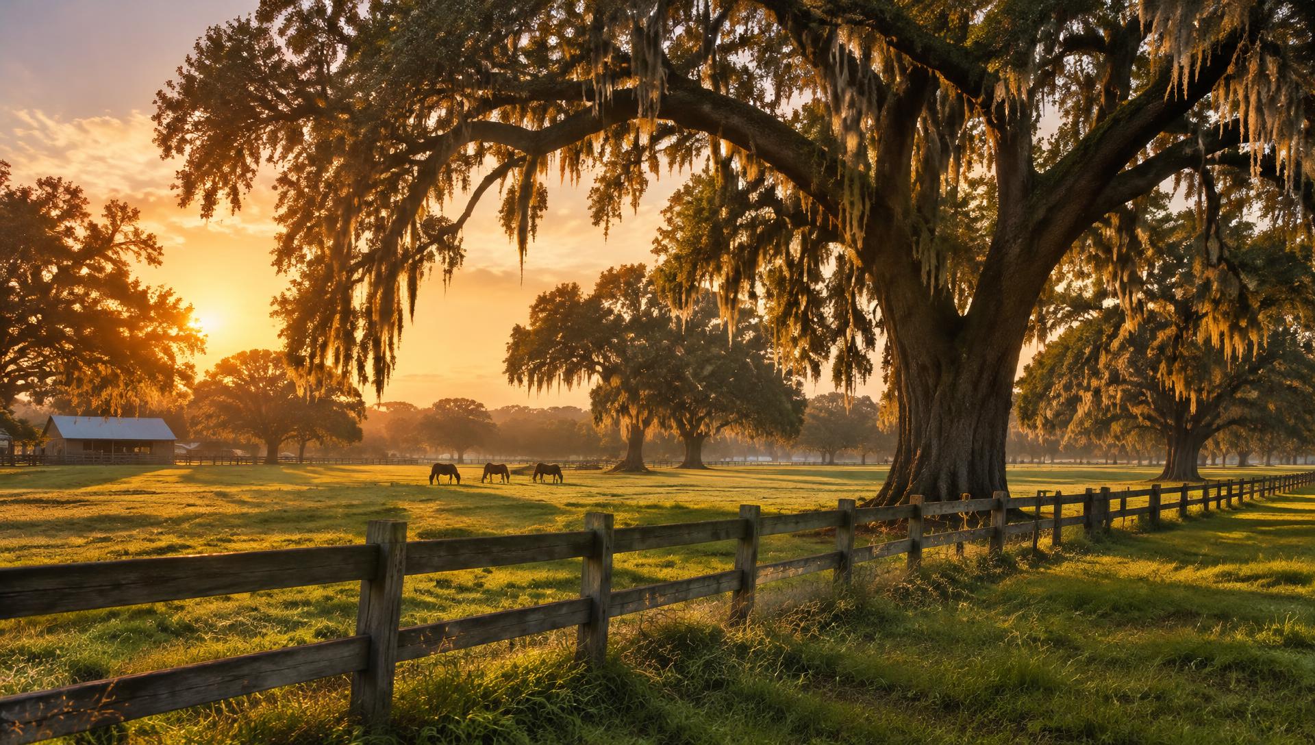 Golden-hour pasture with live oaks in rural Central Florida
